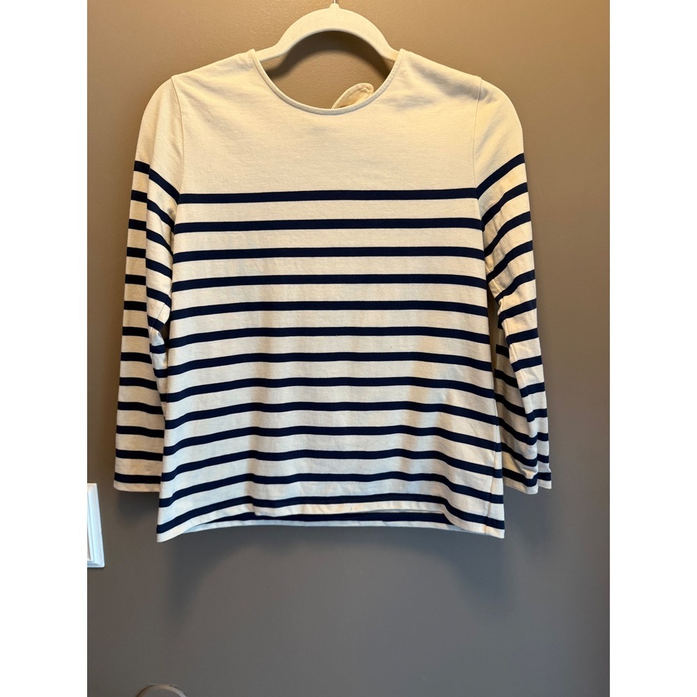 Sezane Striped Long Sleeve Top Cream Navy Blue Open Back Tie Detail Small